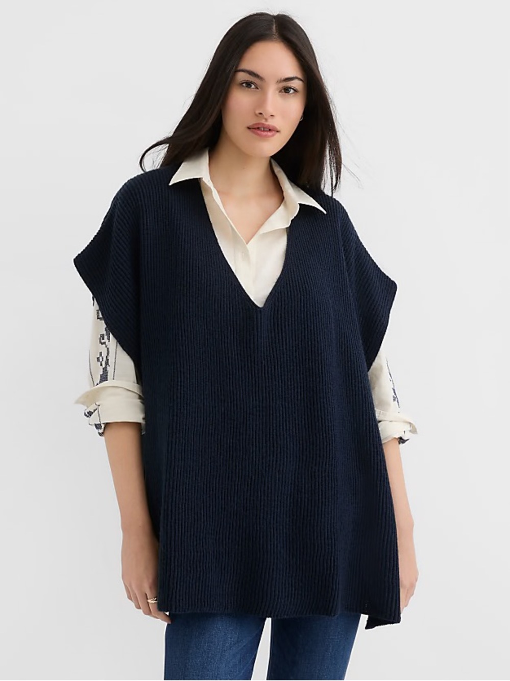 LOFT Navy Blue V-Neck Knit Poncho Sweater M/L NWT
